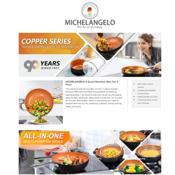 MICHELANGELO: 5 Qt/11" - Nonstick Wok/Stir Fry Pan w/ Lid + Basket + Steam Rack - Picture 10 of 11